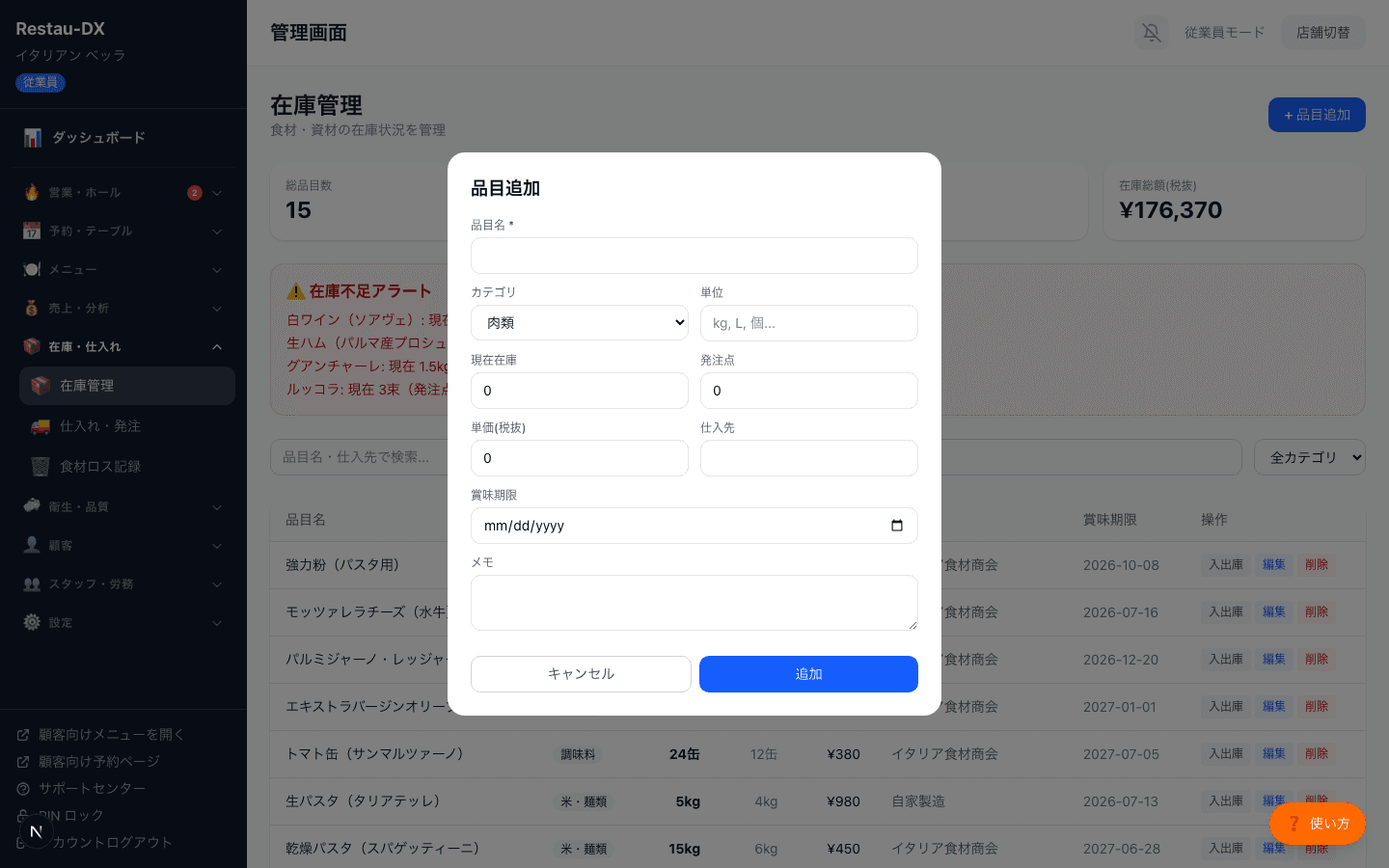品目追加モーダル。品目名、カテゴリ、単位、現在在庫、発注点、単価(税抜)、仕入先、賞味期限、メモの入力欄が表示されている