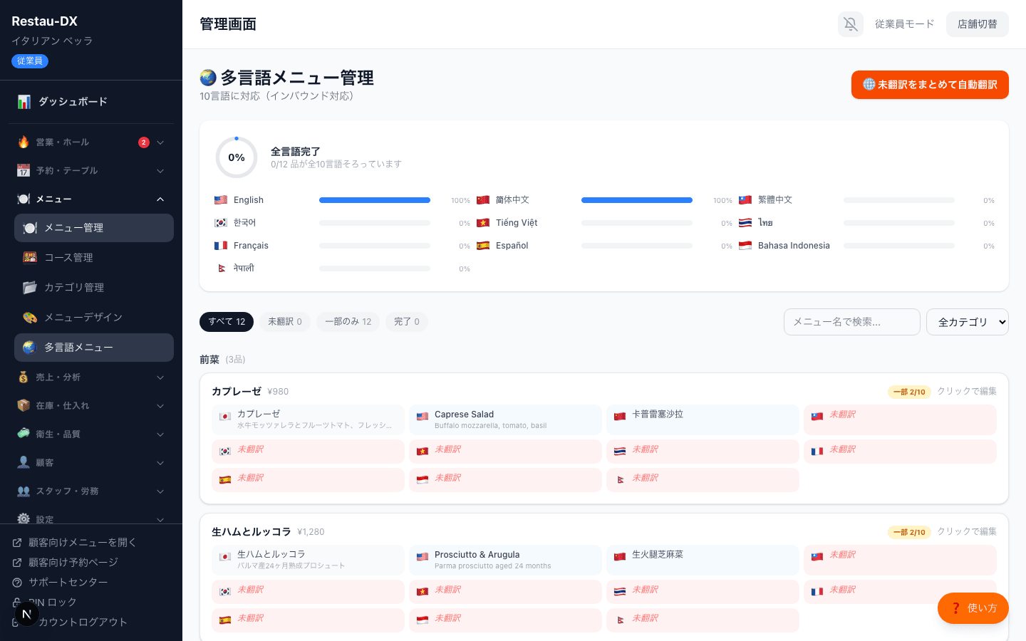 メニュー品目「カプレーゼ」の多言語翻訳状況。日本語・英語(Caprese Salad)・簡体中文(卡普雷塞沙拉)は翻訳済みで、韓国語・タイ語・フランス語などは未翻訳と表示されている