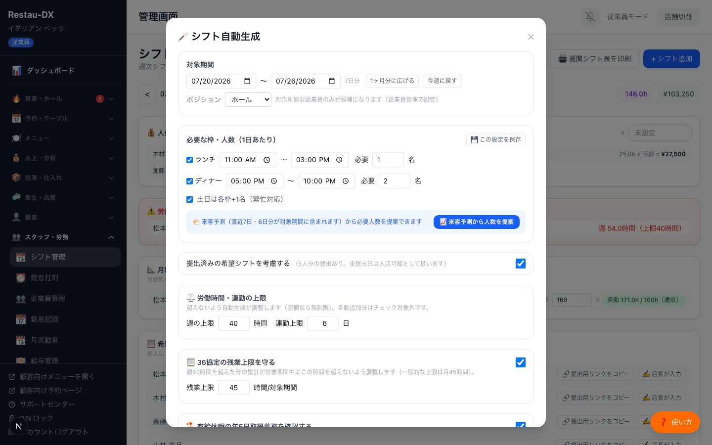 シフト自動生成モーダル。対象期間、ポジション、ランチ・ディナーの必要人数、希望シフトを考慮する設定、労働時間の上限、36協定の残業上限などの設定項目が並んでいる